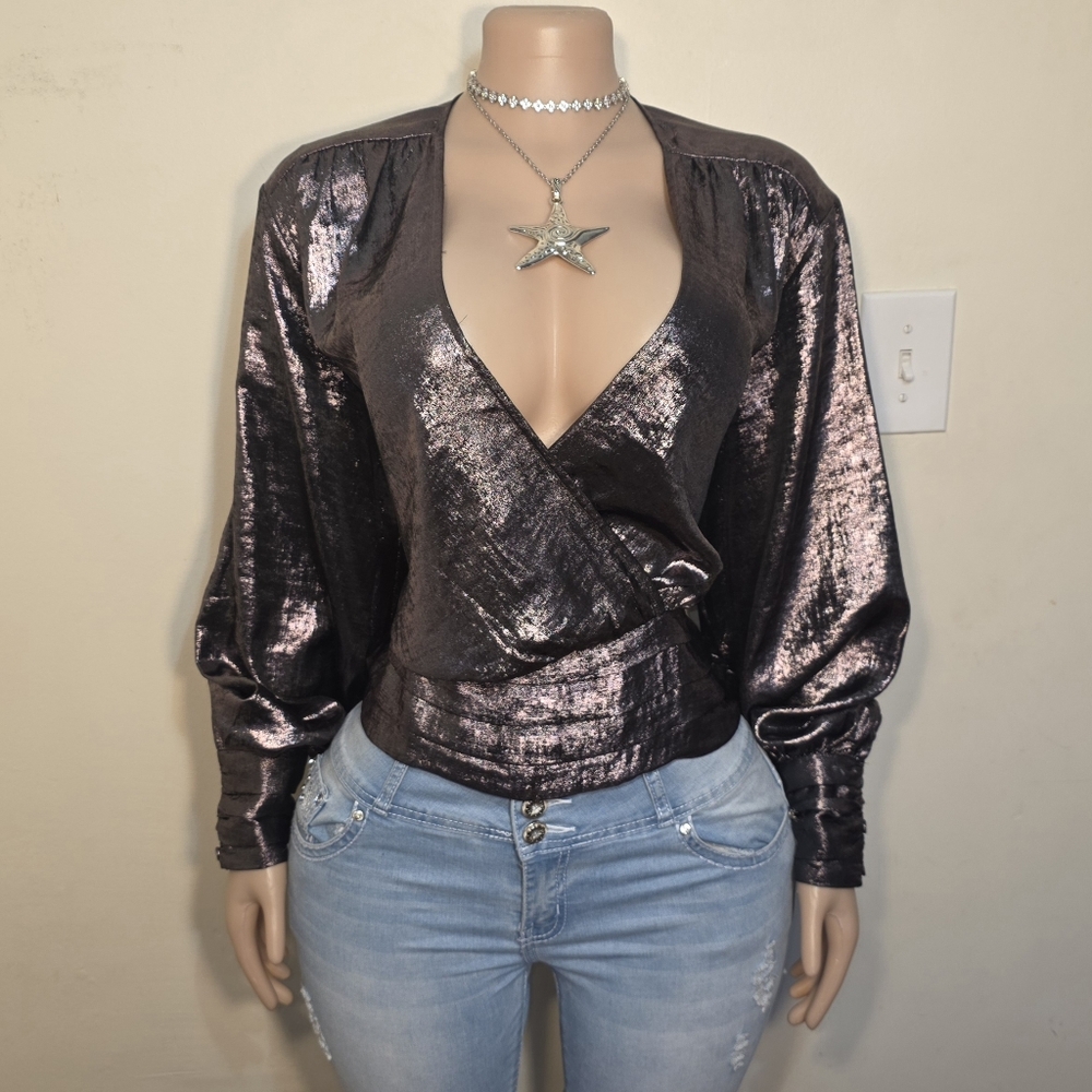 Express Shimmering Silver Wrap Blouse NWOT